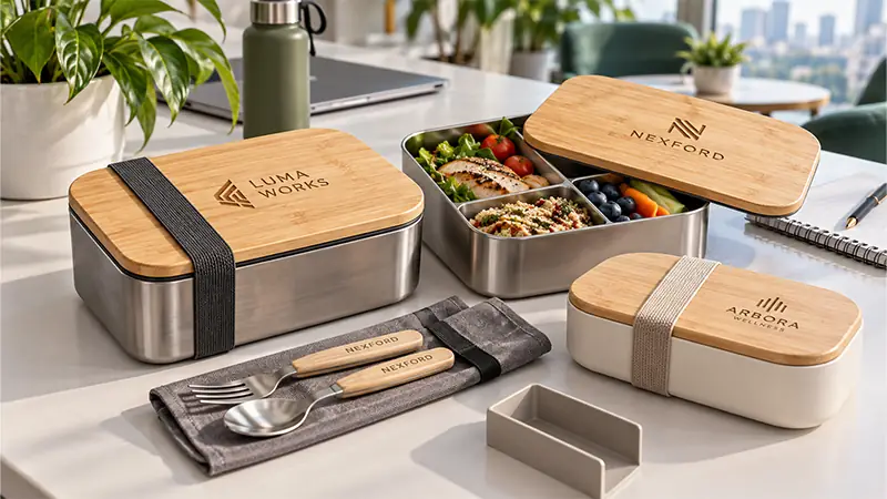 Bamboo lid lunch boxes with engraved logos and reusable accessories for employee and promotional gifts