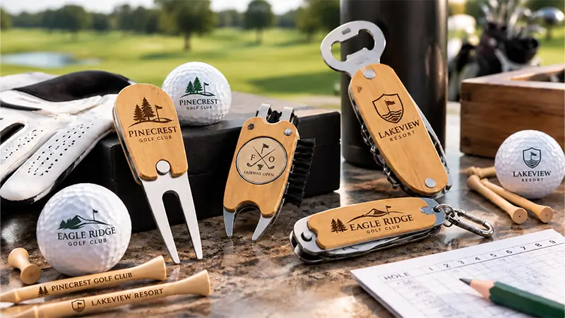 Bamboo golf multi tool with custom branding for golf events, corporate gifts, and promotional programs