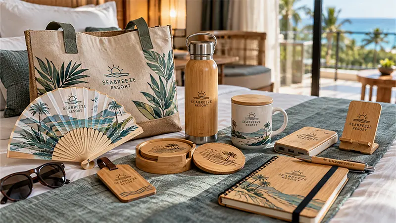 Bamboo hotel welcome gift set combining branded accessories for hospitality guests and corporate programs
