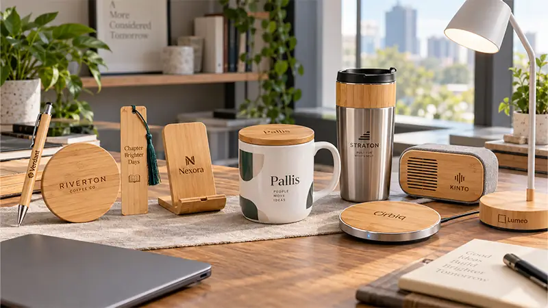 Examples of bamboo materials used across promotional products including drinkware, office gifts, and accessories