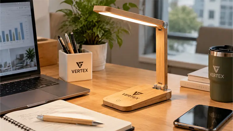 Bamboo office tech gifts including desk lamp and mug warmer accessories for branded workplace campaigns