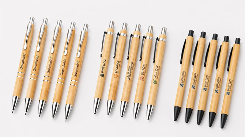 Three bamboo pen styles with silver and black hardware