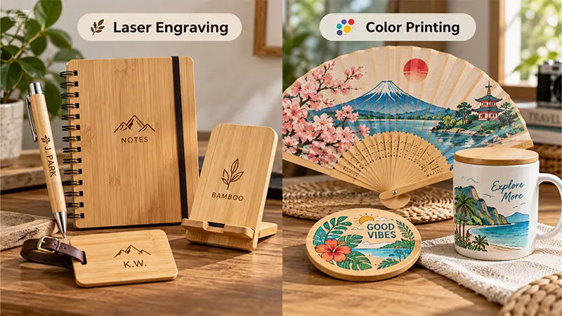 Bamboo product customization methods showing laser engraving and printing options for branded gifts