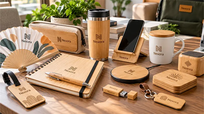 Collection of bamboo promotional gifts including pens, notebooks, drinkware, and branded office accessories