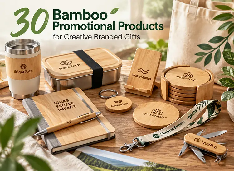 Bamboo promotional products collection with custom branded notebooks, drinkware, accessories, and corporate gift ideas