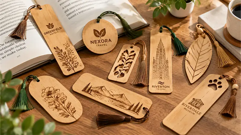 Bamboo travel accessories including luggage tags and bookmarks for branded travel gifts and souvenirs