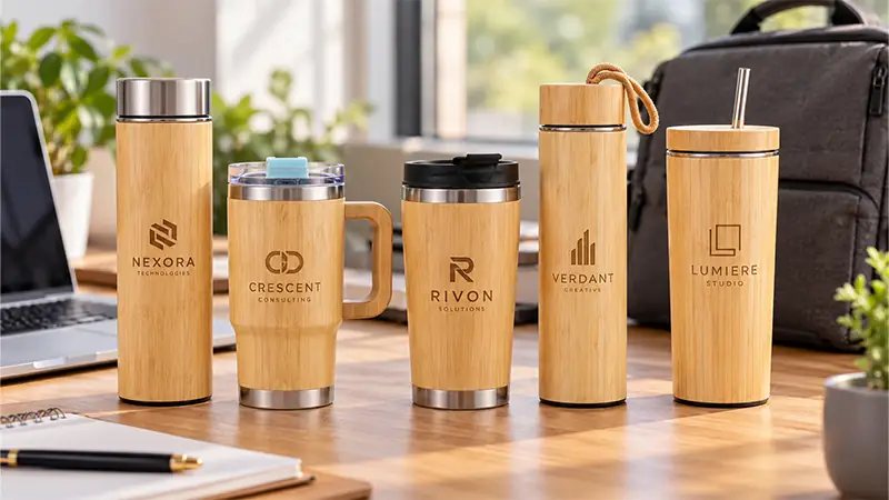 Bamboo travel mugs and tumblers with custom branding for employee gifts, events, and promotional campaigns