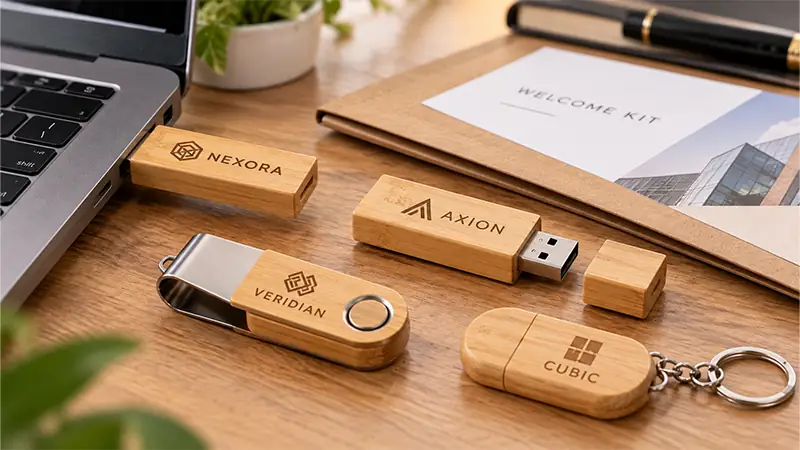 Bamboo USB flash drive with custom logo for branded technology gifts, conferences, and business events