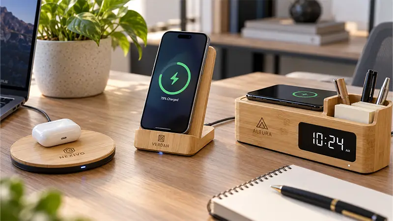 Bamboo wireless charger with custom branding used as a promotional tech gift for corporate campaigns
