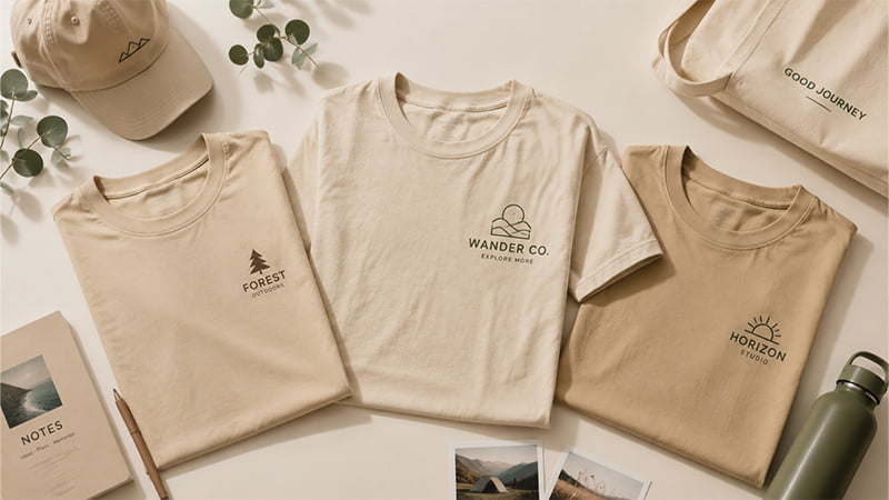 Beige and sand T-shirts with brown nature-inspired logos for travel and lifestyle brands