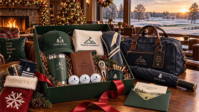 Christmas gifts for golf lovers displayed in a festive clubhouse, including personalized golf balls, towel, cap, tumbler, headcover, scorecard holder, and golf duffel bag.