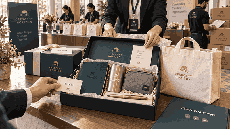 Personalized corporate gift set prepared for an event by a business gifting company with organized packaging and delivery coordination.