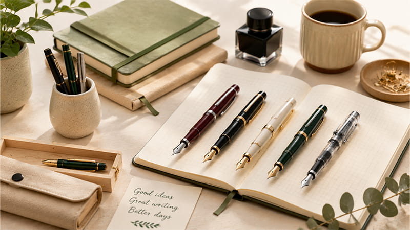 12 best fountain pens for every budget and writing style displayed with notebooks, ink, and different writing options