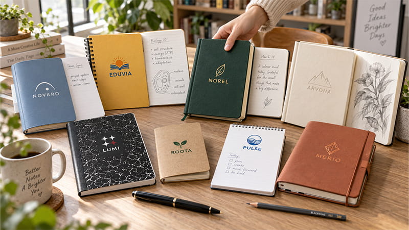 Eight custom-logo notebooks for note-taking, school, journaling, and drawing with different printed, foil-stamped, and debossed finishes.