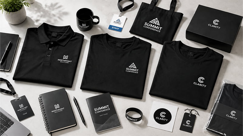 Black custom T-shirts with white embroidered logos displayed with matching branded accessories