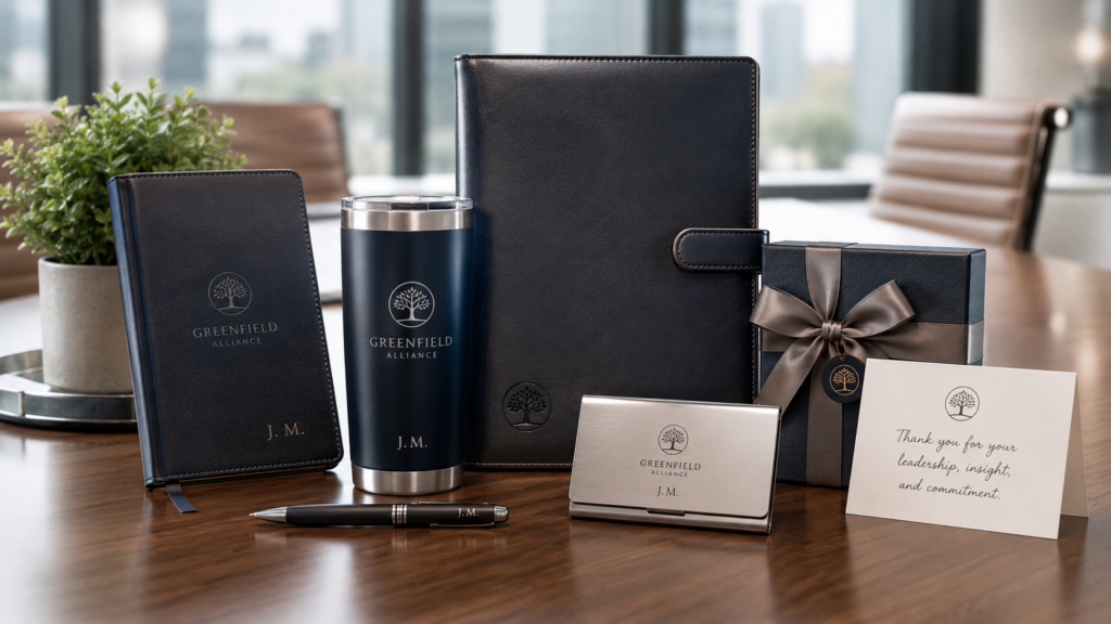 Board member appreciation gifts with a notebook, tumbler, meeting folio, card holder, gift box, and thank-you card