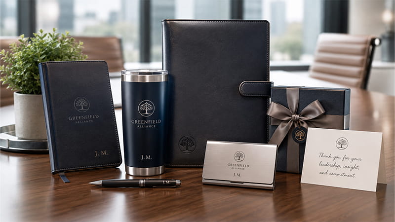 Board member appreciation gifts with a notebook, tumbler, meeting folio, card holder, gift box, and thank-you card