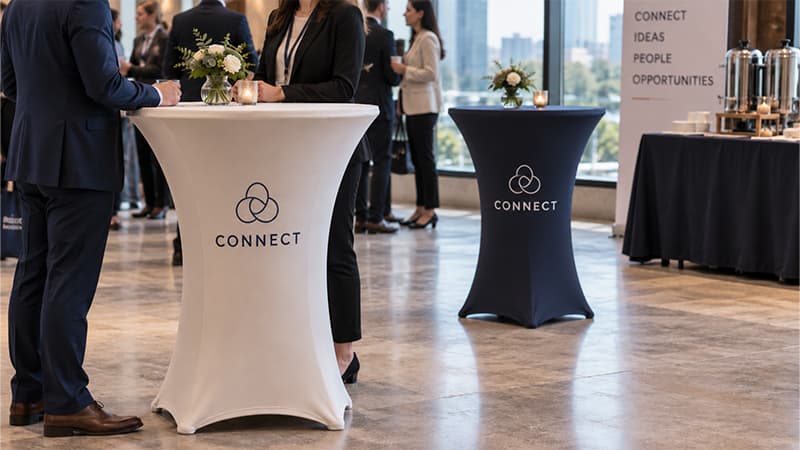 Branded stretch cover on a high-top table during a corporate networking event.