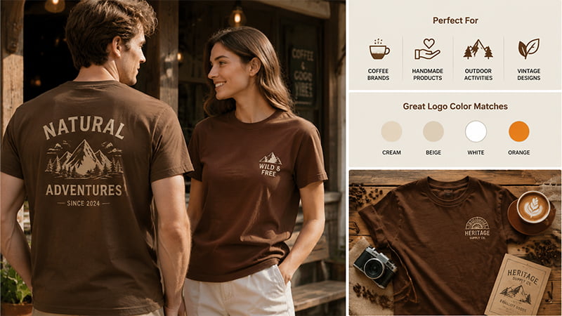 Two people wearing brown branded T-shirts with vintage outdoor graphics
