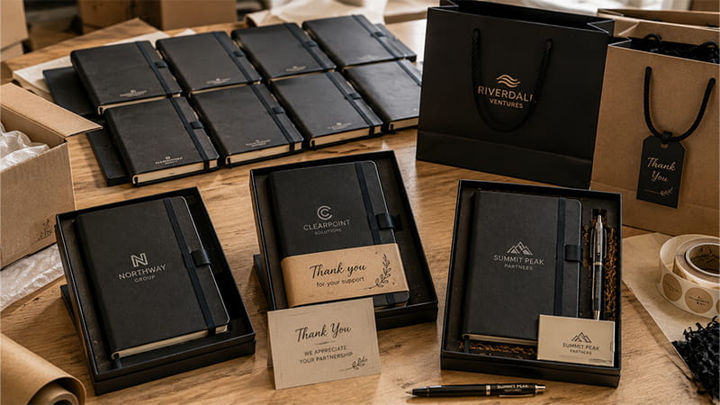 Consistent notebook and pen gift sets prepared in bulk for a larger group of supporting event sponsors.