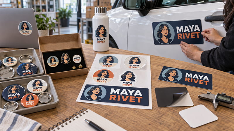 Campaign buttons, enamel pins, vinyl stickers, bumper stickers, and a removable car magnet being reviewed on a vehicle door.