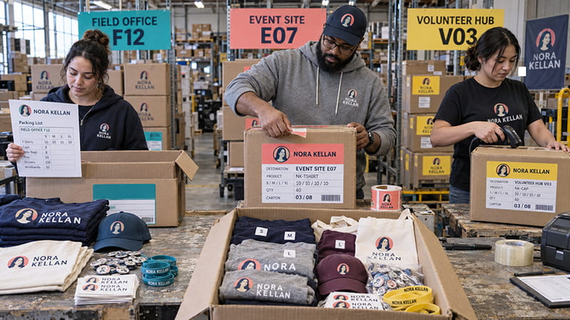 Campaign merchandise packed by field office, event site, and volunteer hub using color-coded carton labels, mixed apparel sizes, and destination packing lists.