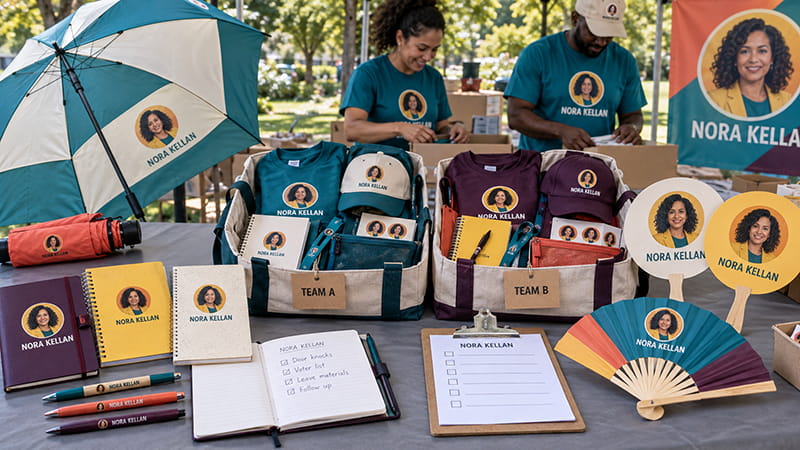 Campaign notebooks, pens, umbrellas, hand fans, and organized volunteer canvassing kits at an outdoor preparation station.
