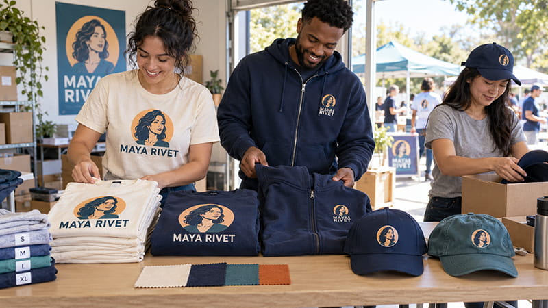Campaign volunteers organizing printed T-shirts, hoodies, structured caps, size options, and fabric samples for election events and canvassing.