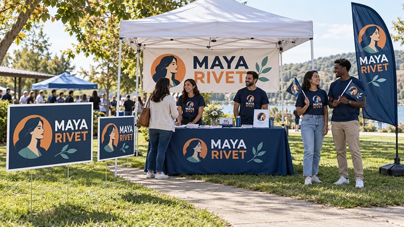 Outdoor campaign event featuring yard signs, hand flags, a reinforced banner, and a fitted branded table cover at a volunteer registration booth.