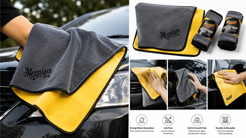 Car drying towels shown cleaning paint, glass, and interior surfaces