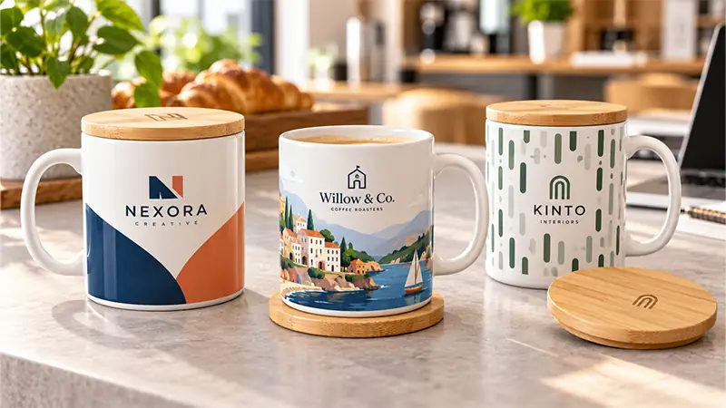 Bamboo travel mugs and tumblers with custom branding for employee gifts, events, and promotional campaigns