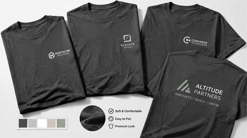 Charcoal gray branded T-shirts with subtle white logos and a neutral color palette