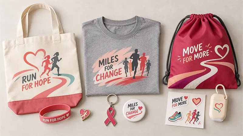 Charity run promotional products including custom shirts, bags, wristbands, and event merchandise