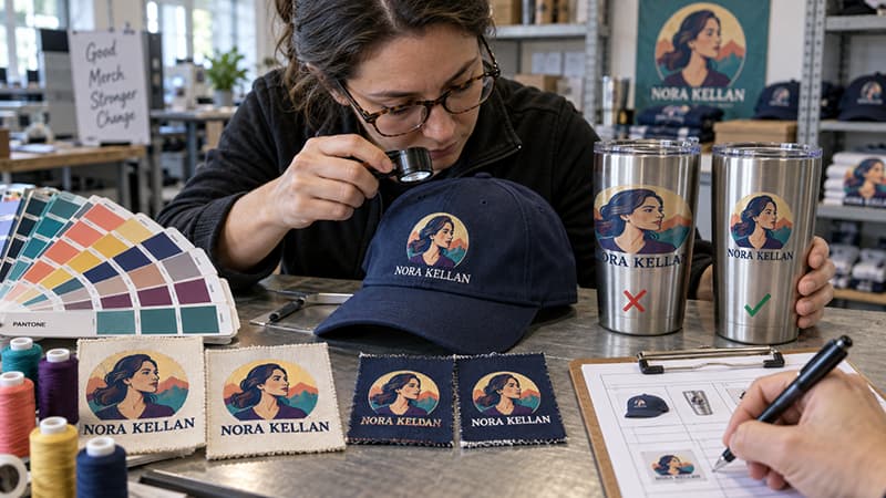 Quality inspection of campaign merchandise comparing Pantone colors, small embroidered text on a cap, and logo placement on curved tumblers.