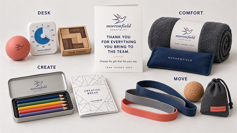 Stress relief gift options for employees grouped into desk, comfort, creative, and movement categories.