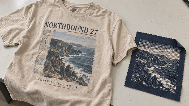 Collage-style T-shirt design combining photography, maps, typography, and graphic elements.
