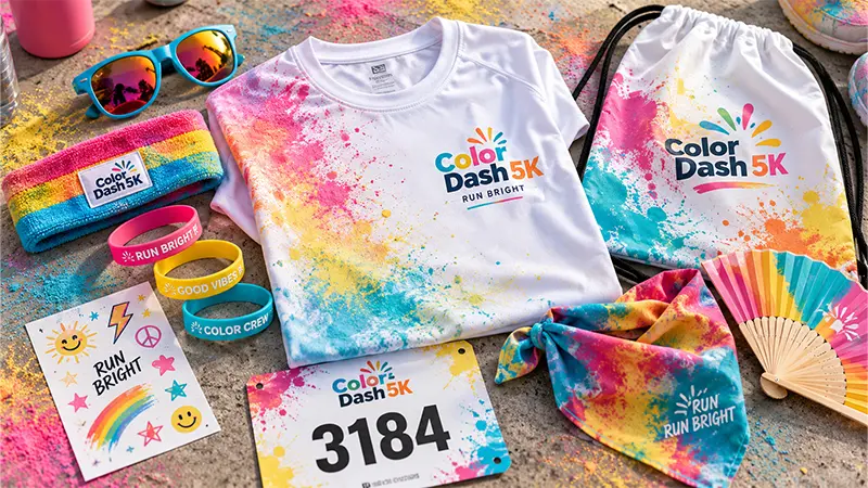 Color run swag bag products with colorful shirts, accessories, bags, and participant giveaways