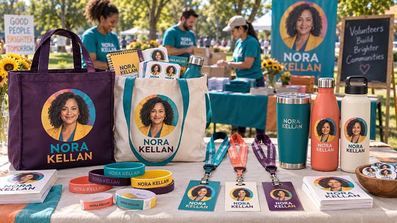 Colorful campaign tote bags, wristbands, volunteer lanyards, and reusable drinkware featuring a fictional candidate portrait at an outdoor event.
