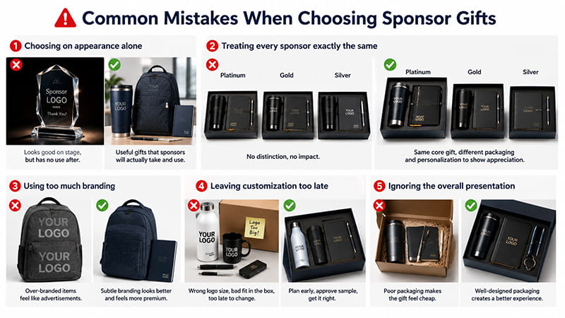Common sponsor gift mistakes including poor product fit, identical sponsor treatment, oversized logos, late customization, and weak packaging.