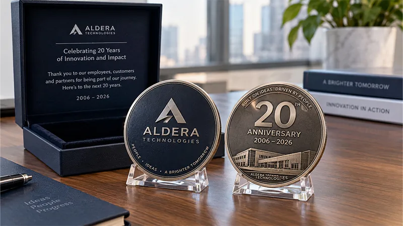 Two custom 20th anniversary commemorative coins displayed beside a presentation box, featuring company branding and milestone artwork.