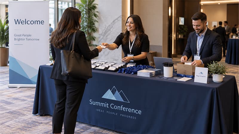 Branded conference registration table with name badges, lanyards, and staff welcoming an attendee.