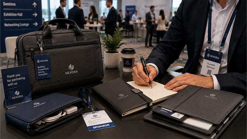Conference sponsor gifts including a business bag, notebook, document folder, and practical accessories for meetings and travel.