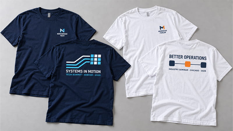 Conference T-shirt design with a small front logo and larger event-themed graphic.