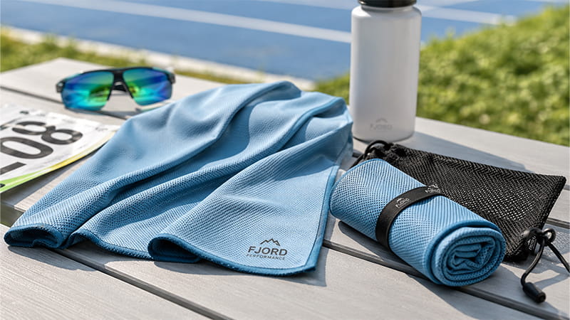 Blue cooling towel packed in a mesh carry pouch for outdoor activities