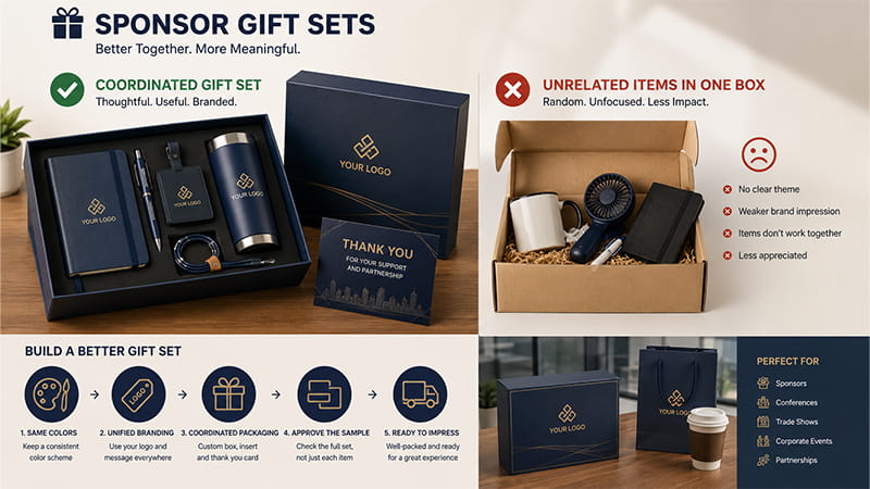 Comparison between a coordinated sponsor gift set and unrelated promotional items packed together in one box.
