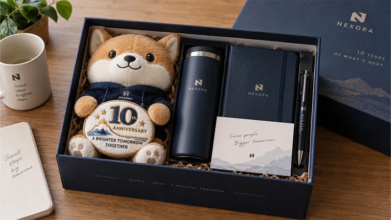Corporate anniversary gift set with a mascot plush, tumbler, notebook, pen, and message card arranged together in a presentation box.