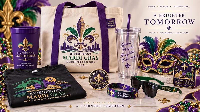 Corporate Mardi Gras party gift set with a tote, reusable cups, sunglasses, T-shirt, masquerade mask, wristband, and commemorative token.