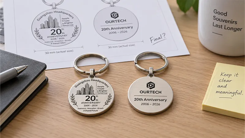 Two anniversary keychains beside printed artwork proofs, showing how logo, date, and text details appear at the finished product size.