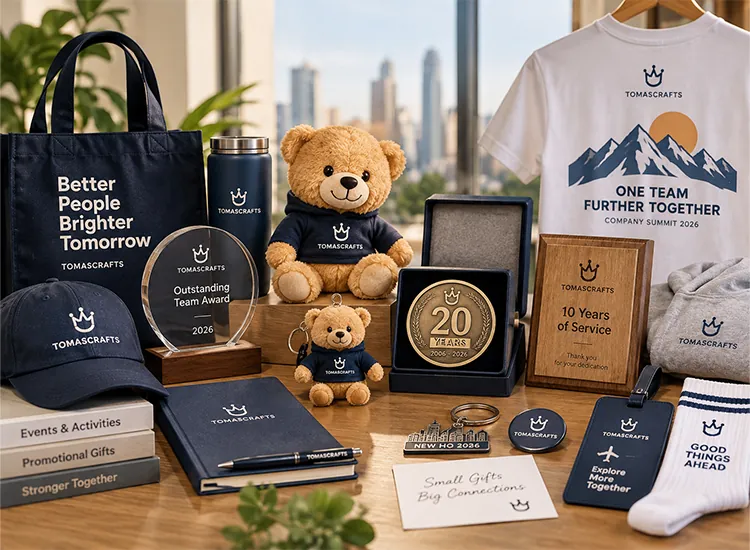 Corporate souvenir ideas for company milestones, including a commemorative coin, service award, mascot plush, event T-shirt, cap, tote bag, notebook, bottle, keychain, luggage tag, and socks.