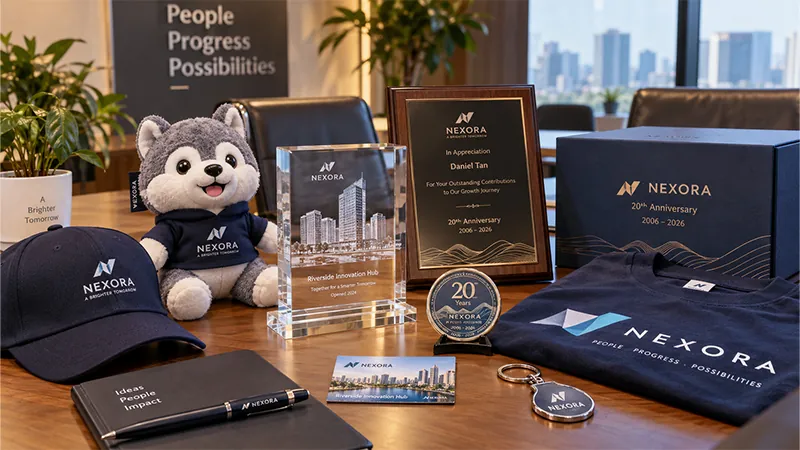 Corporate souvenir collection with a mascot plush, commemorative coin, acrylic award, plaque, cap, apparel, keychain, and presentation box for a company milestone.
